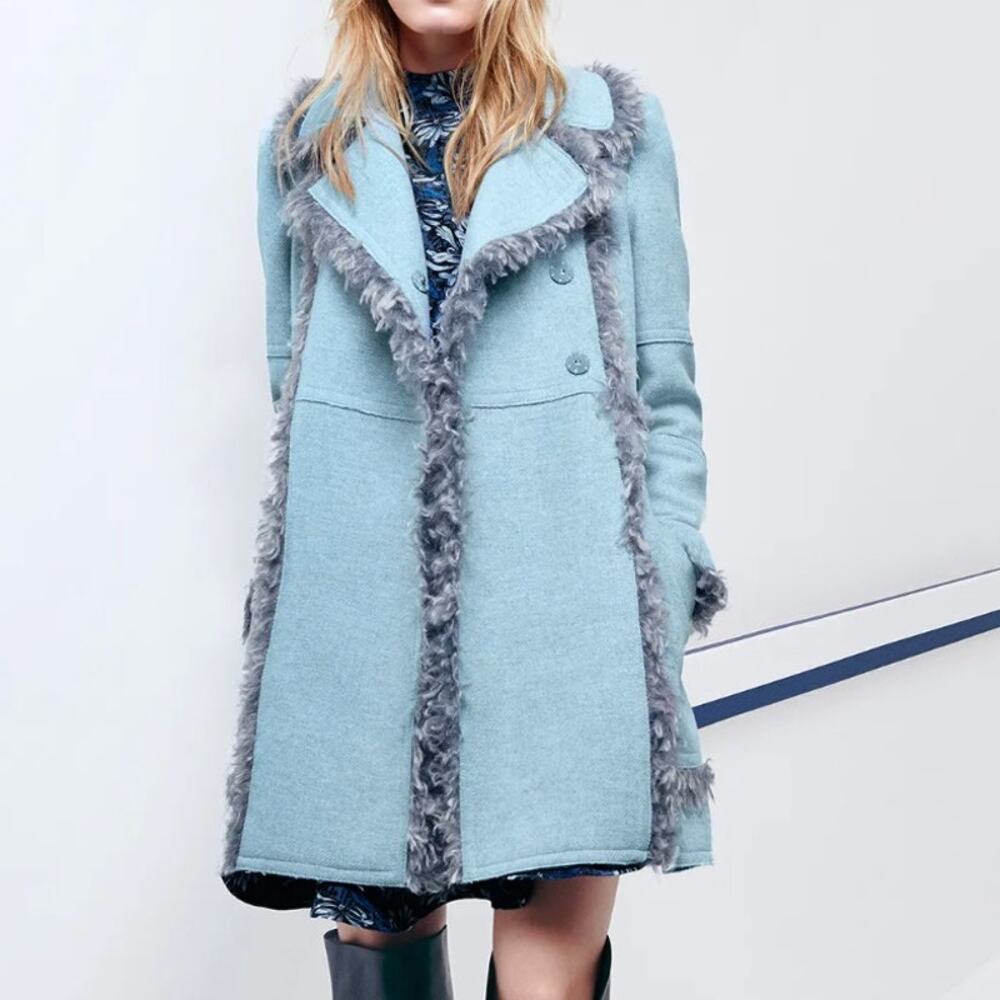 Rebecca Taylor Longline Coat Womens 4 Light Blue Faux Fur Trim Tweed Peacoat